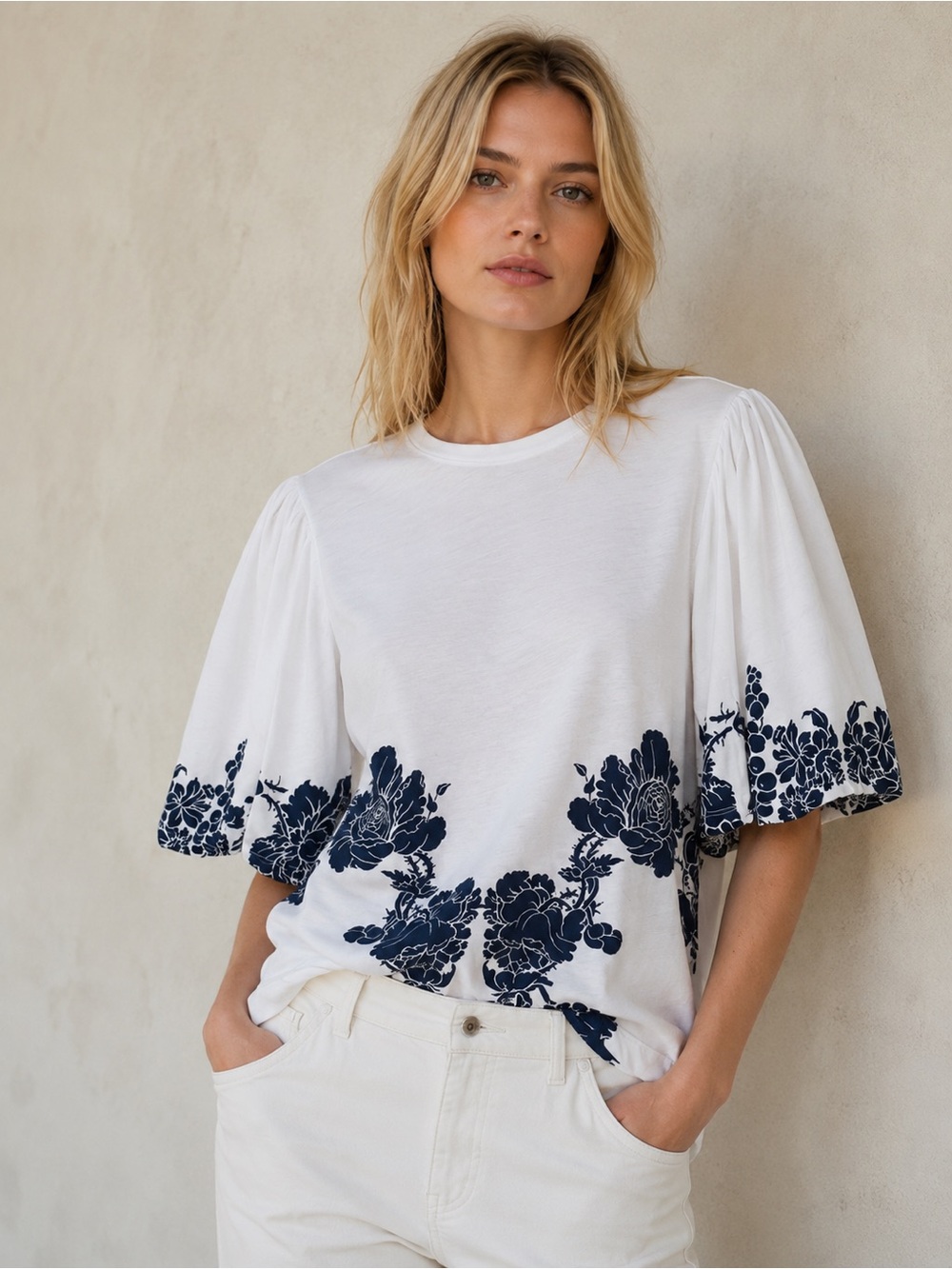 Dries van Noten White & Navy Floral Cotton T Shirt Top Wide Flare Sleeve Large